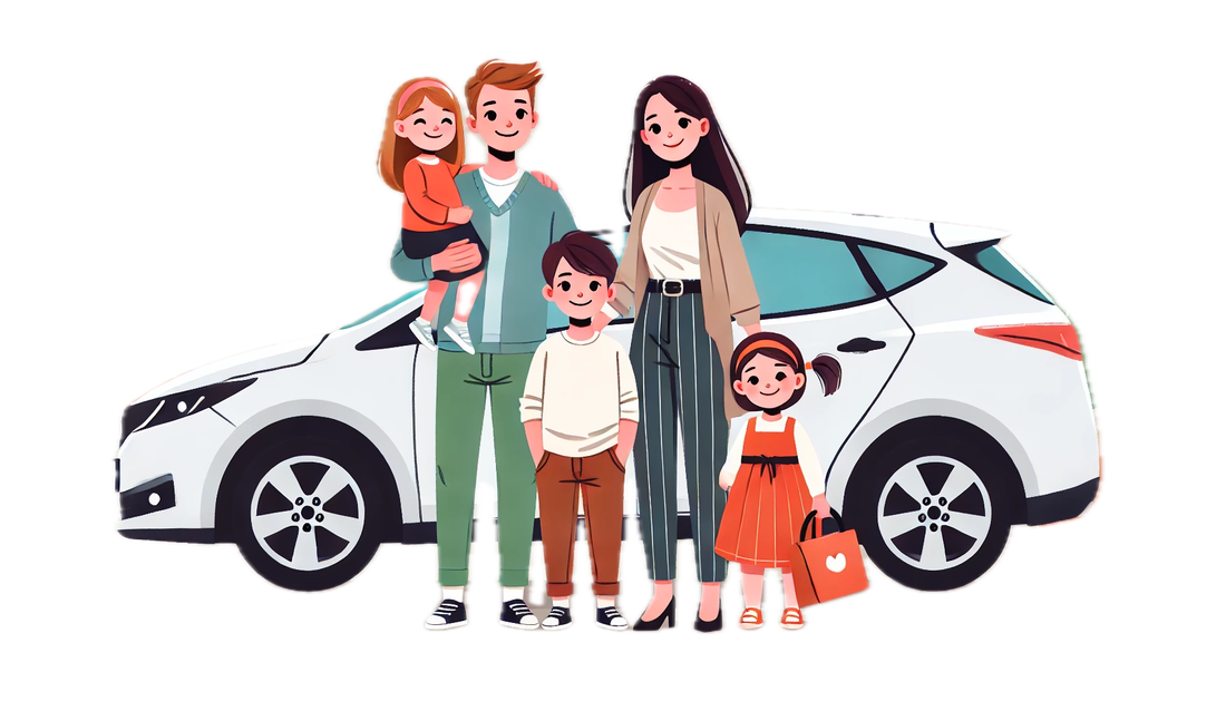 Happy family standing next to their modern car, symbolizing security and peace of mind. Illustration features two parents and two children in a flat, modern vector art style. Auto insurance services in Michigan