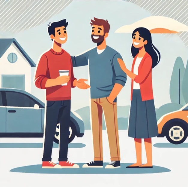 Three people talking and smiling in a friendly and social setting, about car insurance. The illustration is in a flat, modern vector art style with vibrant colors, depicting a welcoming and warm atmosphere.